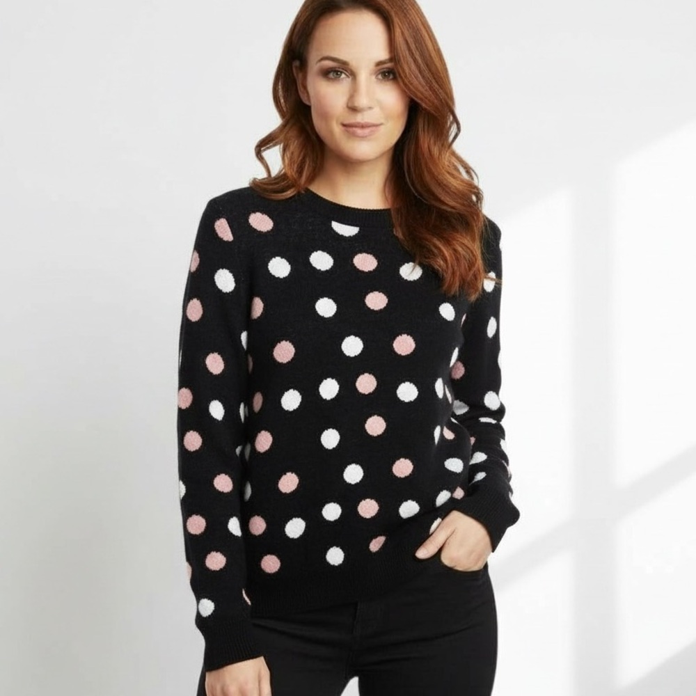 POPSUGAR Polka‎ Dot Sweater XS Black Pink White Crewneck Soft Knit Pullover